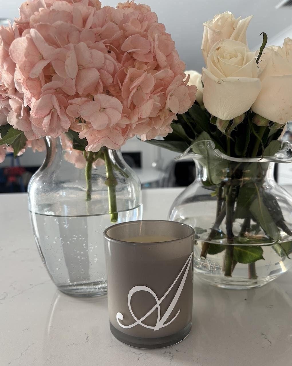 Personalized 7.8 ounce gray candle- elegant monogram - bourbon amber