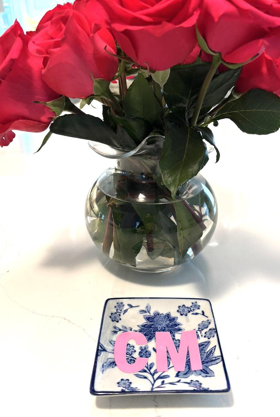 Personalized 4"x 4" ceramic floral jewelry tray