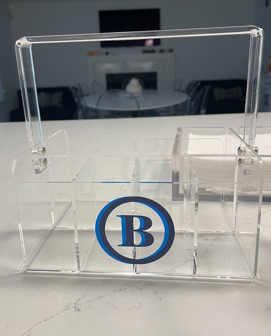 Personalized clear acrylic silverware caddy - double circle monogram