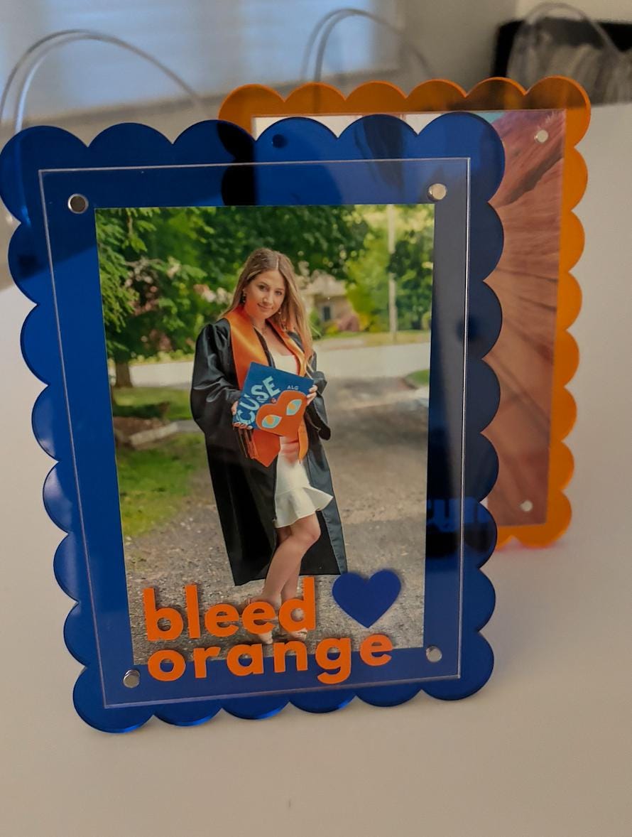 Personalized 7" blue scalloped edge acrylic BLEED ORANGE magnetic frame