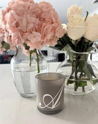 Personalized 7.8 ounce gray candle- elegant monogram - bourbon amber
