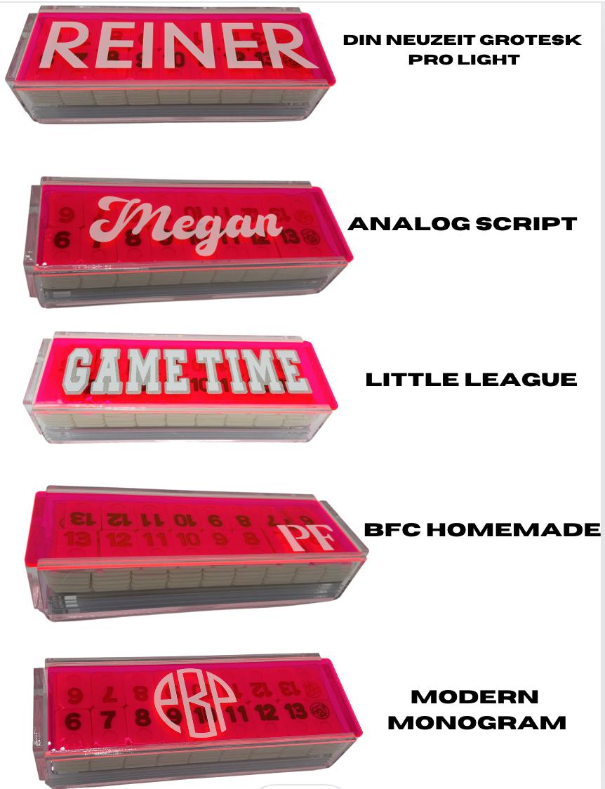Personalized acrylic rummikub set - transparent hot pink