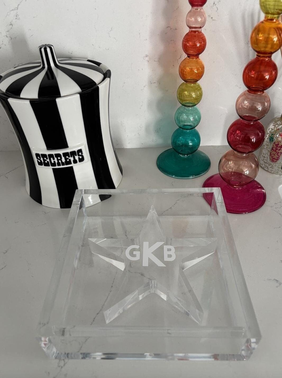 Personalized 6"x 6" acrylic napkin holder with classic monogram acrylic star weight