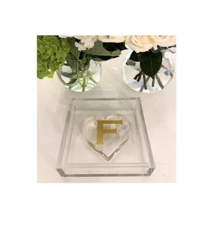 Personalized 6" x 6" clear acrylic napkin holder with personalized acrylic heart weight