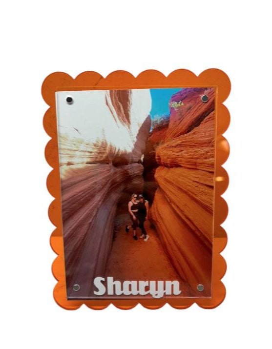 Personalized 7" orange scalloped edge acrylic magnetic frame