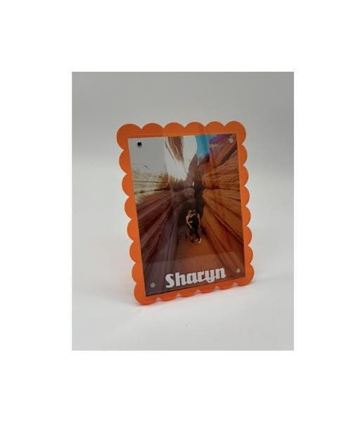 Personalized 7" orange scalloped edge acrylic magnetic frame