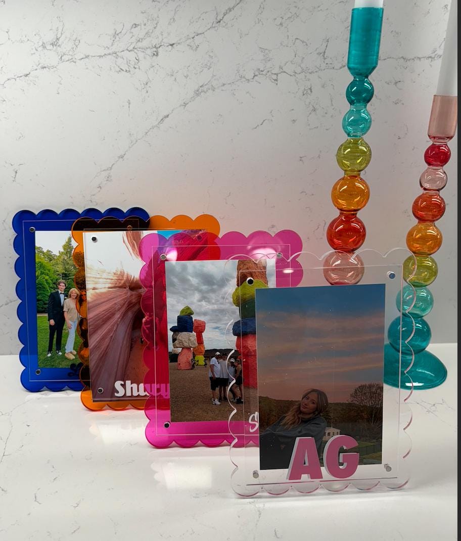 Personalized 7" blue scalloped edge acrylic BLEED ORANGE magnetic frame