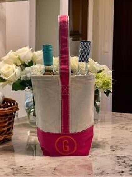 Personalized heavy canvas double wine travel carrier bag with pink straps, 9" x 10" x 4".