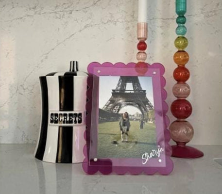 Personalized 7" pink scalloped edge acrylic magnetic frame