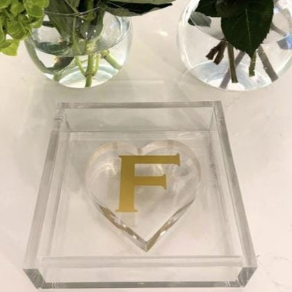 Personalized 6" x 6" clear acrylic napkin holder with personalized acrylic heart weight