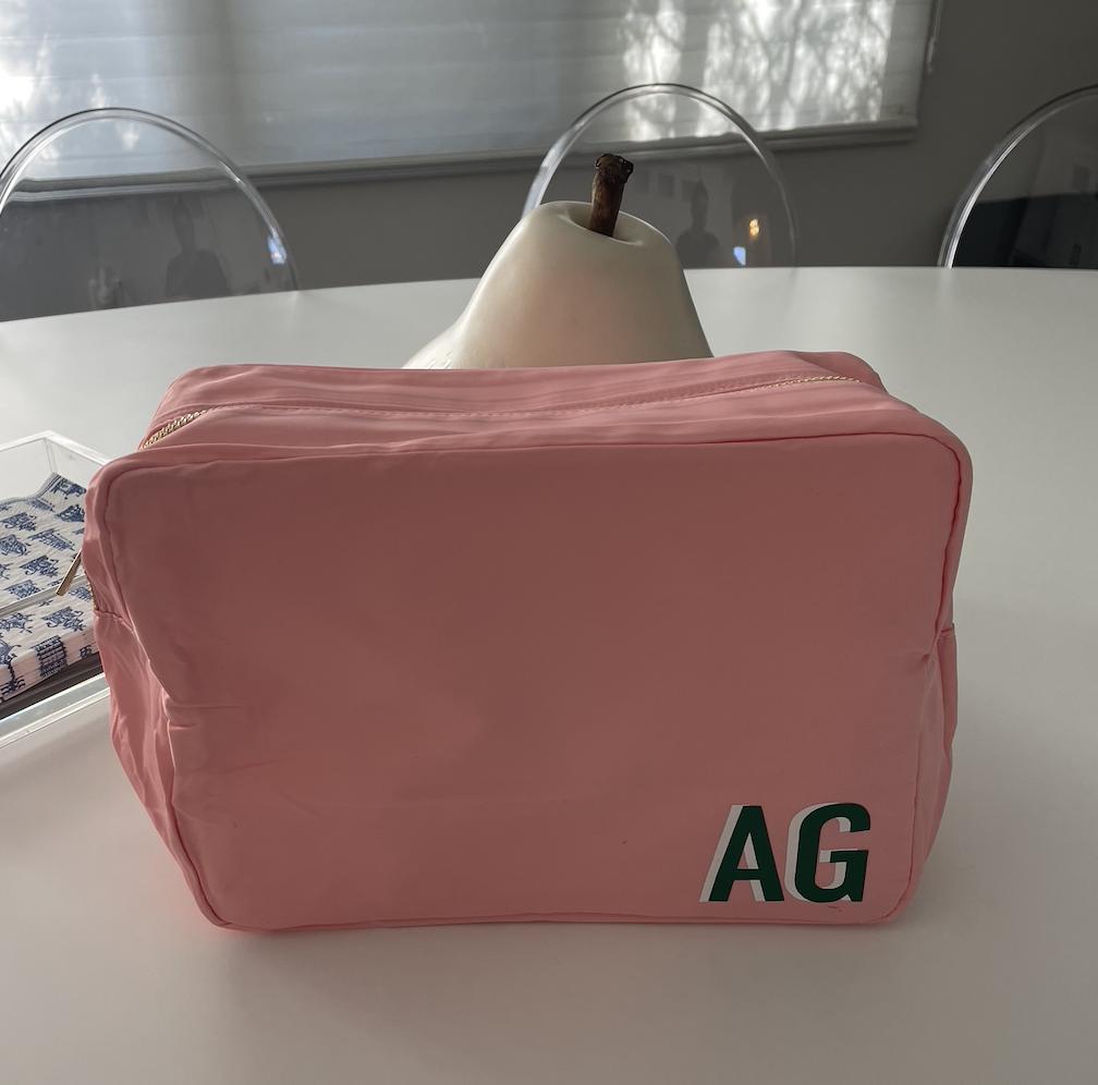 Personalized nylon makeup bag- light pink with your monogram 11" x 5" x 7"