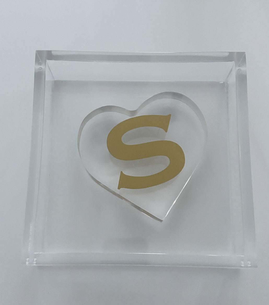 Personalized 6" x 6" clear acrylic napkin holder with personalized acrylic heart weight