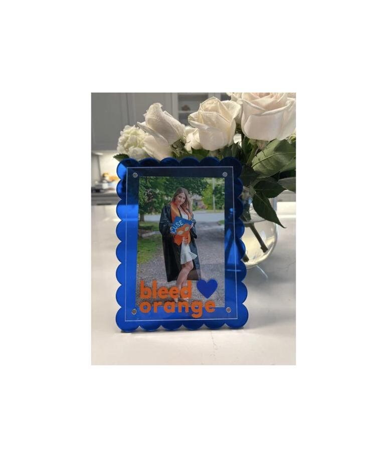 Personalized 7" blue scalloped edge acrylic BLEED ORANGE magnetic frame