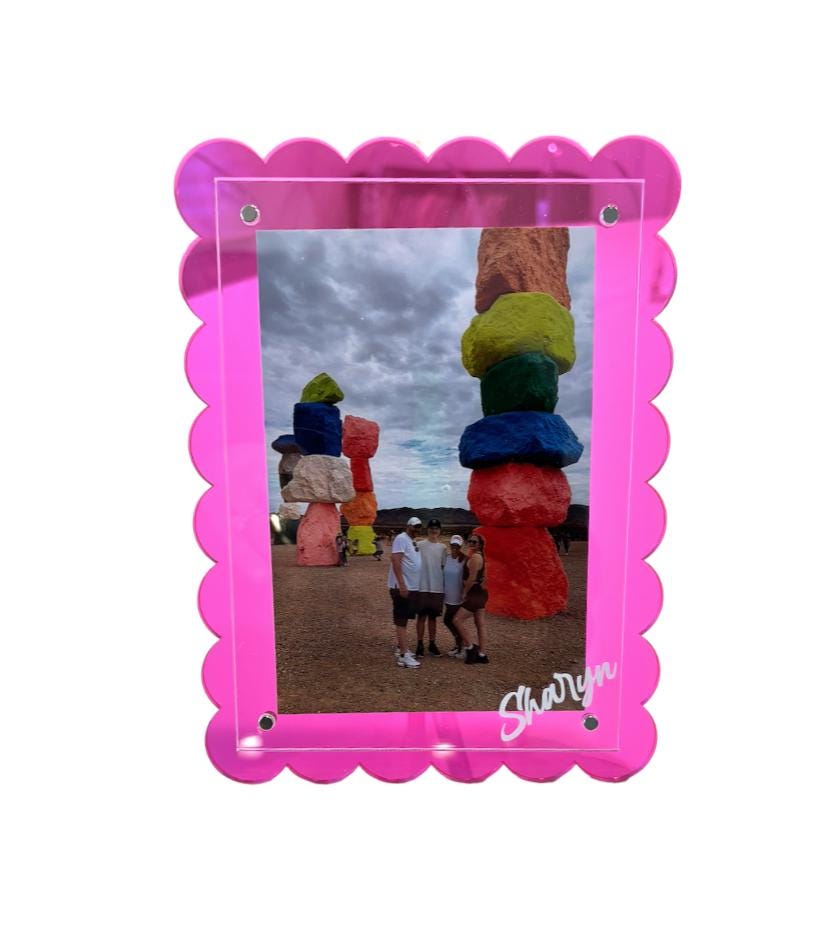 Personalized 7" pink scalloped edge acrylic magnetic frame
