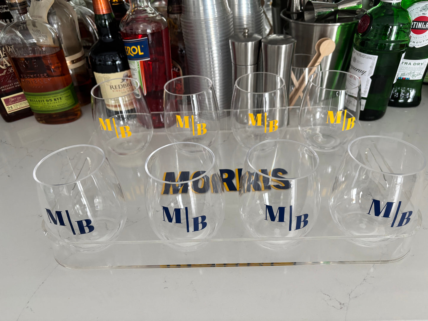 Personalized 11" x 14" acrylic tray with vinyl with 8 acrylic stemless wine glasses