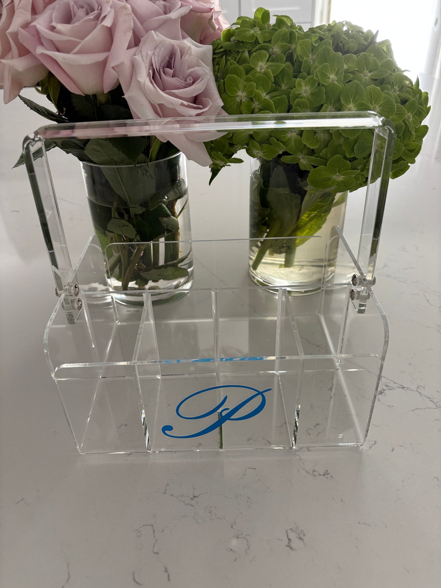 Personalized clear acrylic silverware caddy - elegant one letter monogram