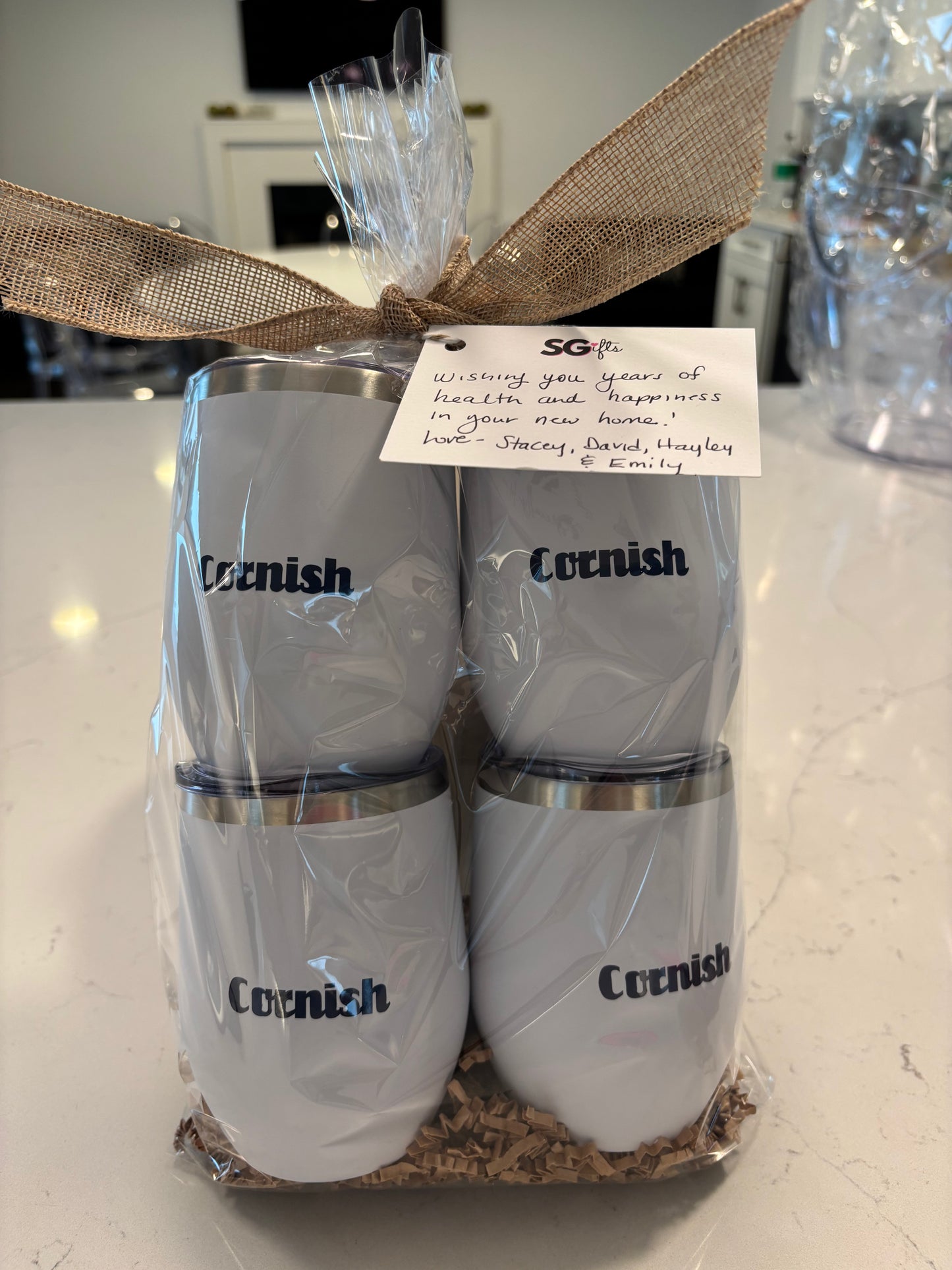 Personalized 12 ounce white stainless steel tumbler with lid / set of 4 with last name
