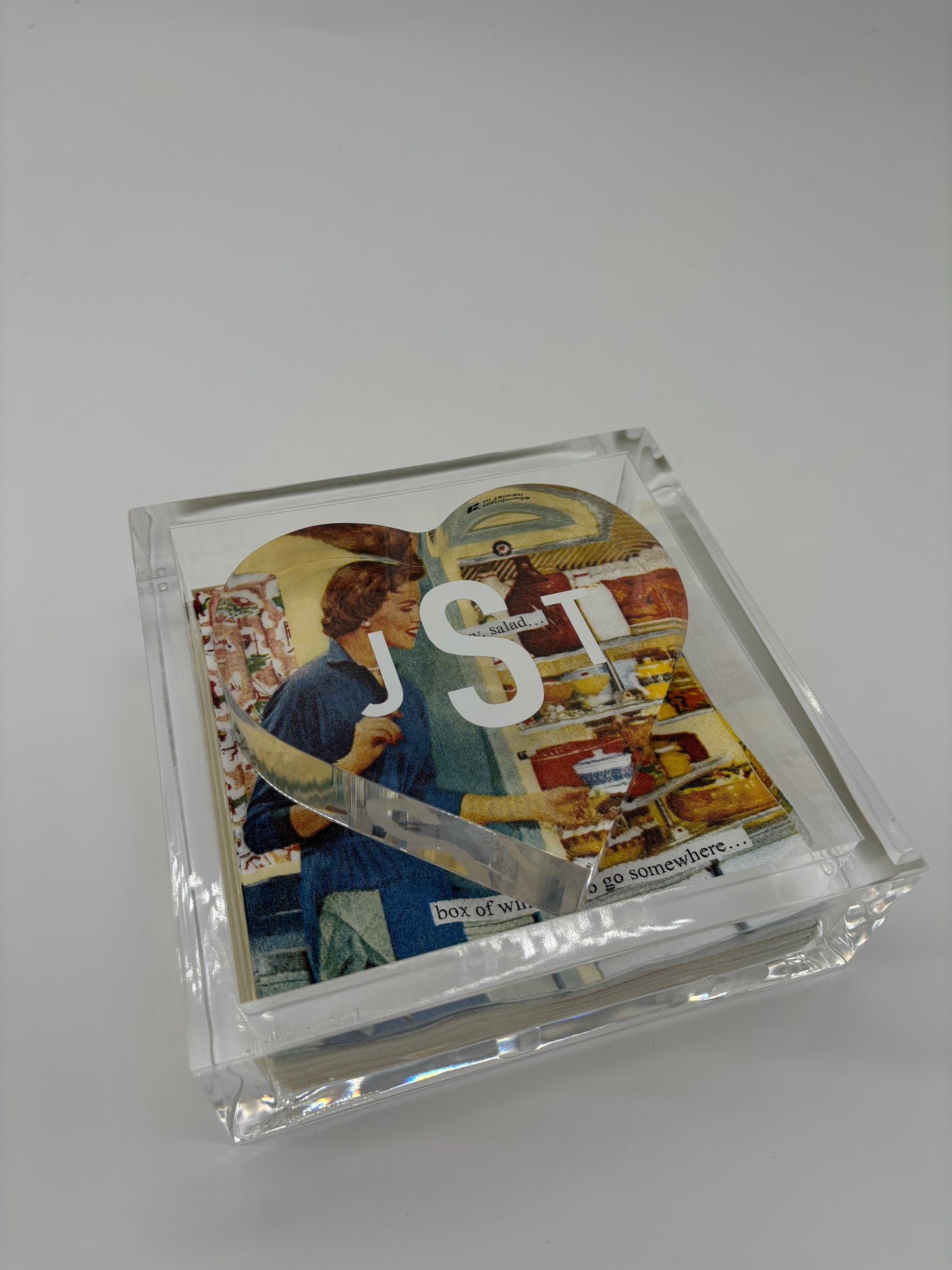Personalized 6” x 6” acrylic napkin holder with acrylic heart weight