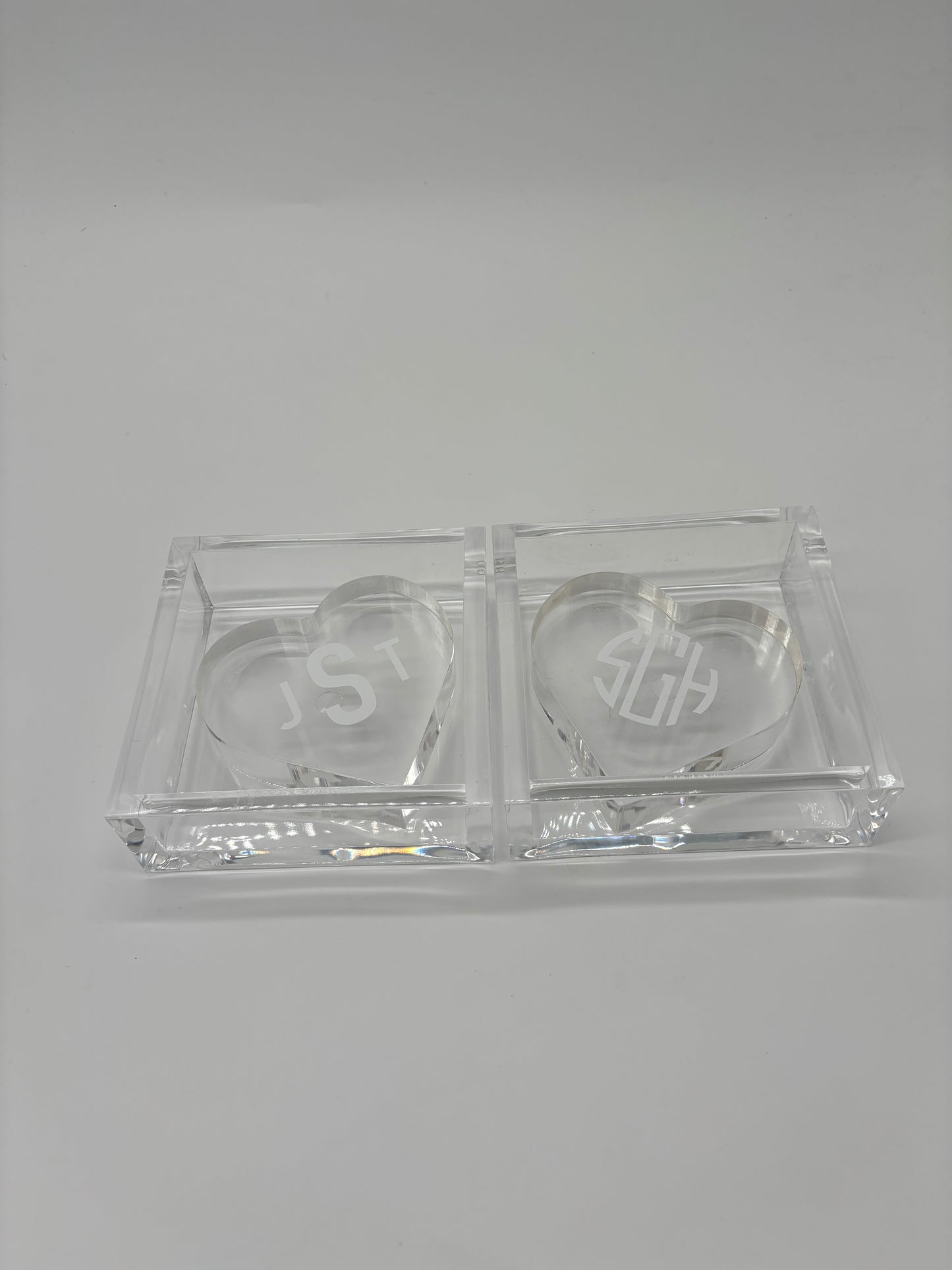 Personalized 6” x 6” acrylic napkin holder with acrylic heart weight