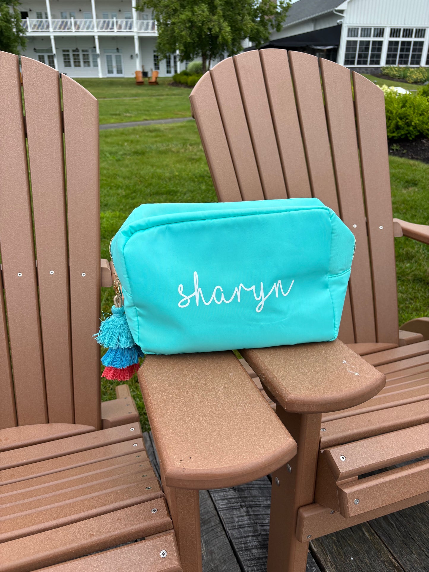 Personalized turquoise nylon makeup bag with your name