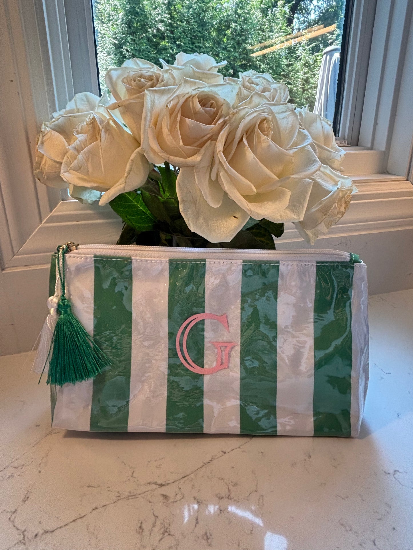 Personalized coated travel makeup bag with tassel closure- green/white