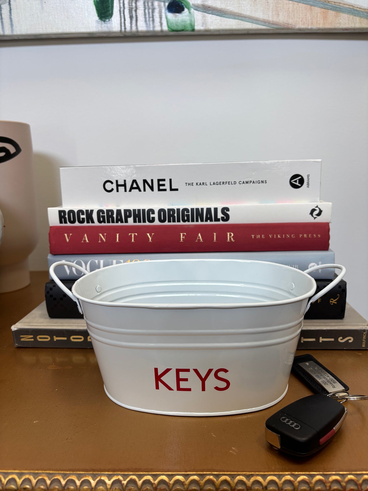 8" white metal tin personalized with KEYS