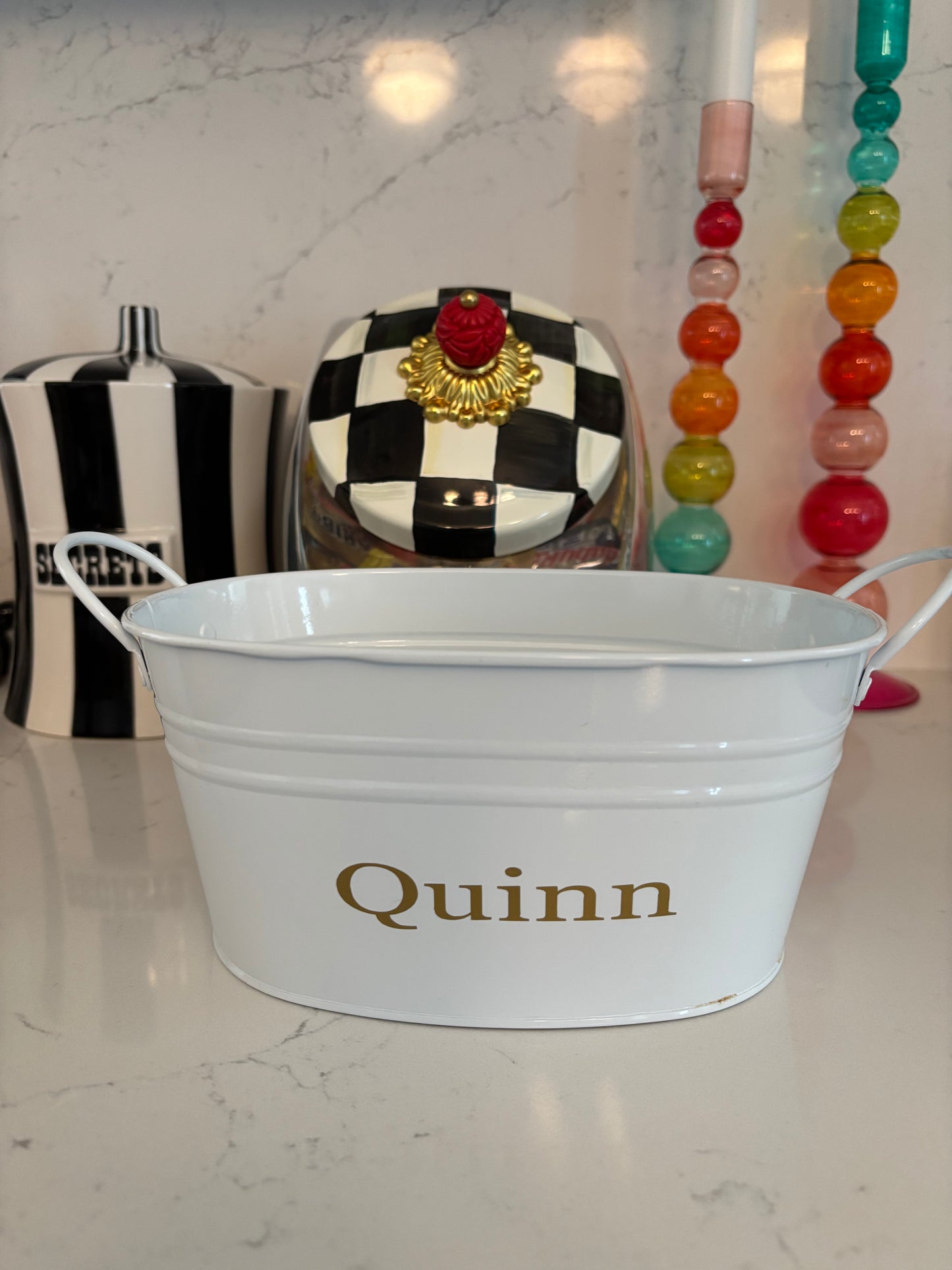 8" white metal tin personalized with your name