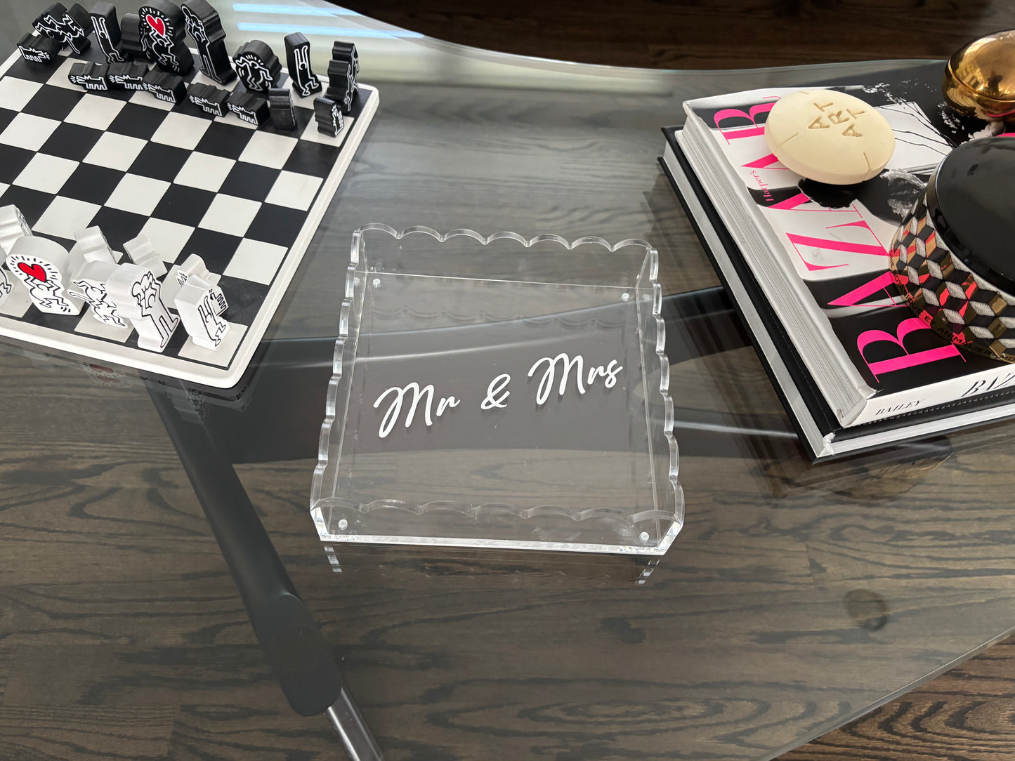 Personalized 8” x 8” clear acrylic scalloped edge tray