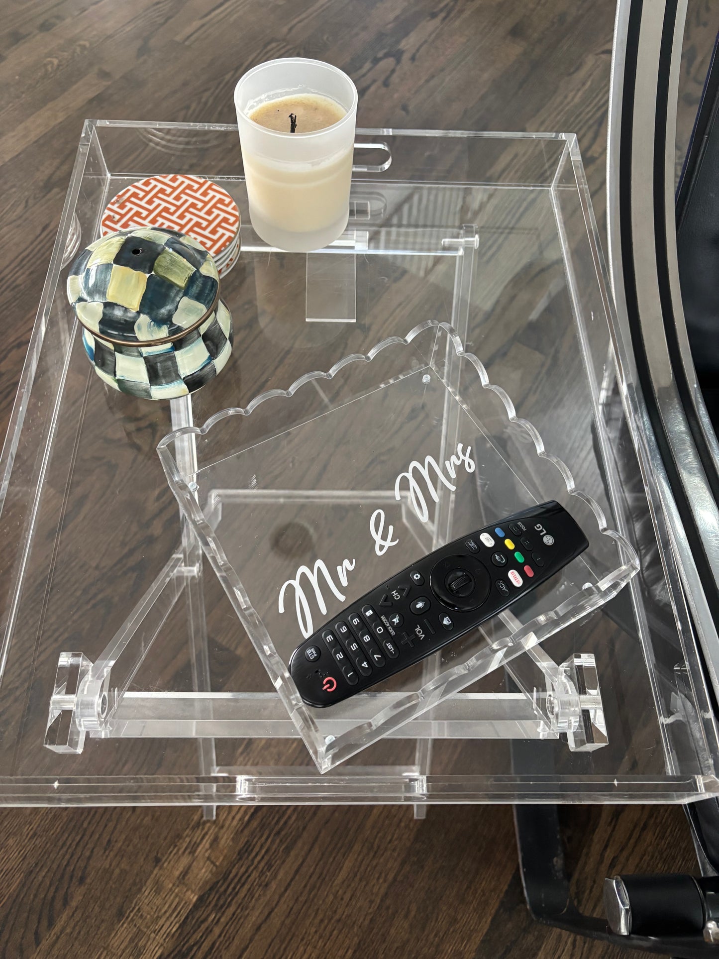 Personalized 8” x 8” clear acrylic scalloped edge tray