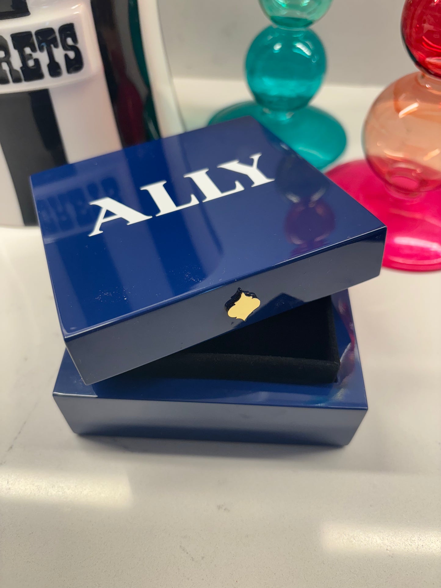 Personalized 4" x 4" bright navy keepsake box with a name or monogram