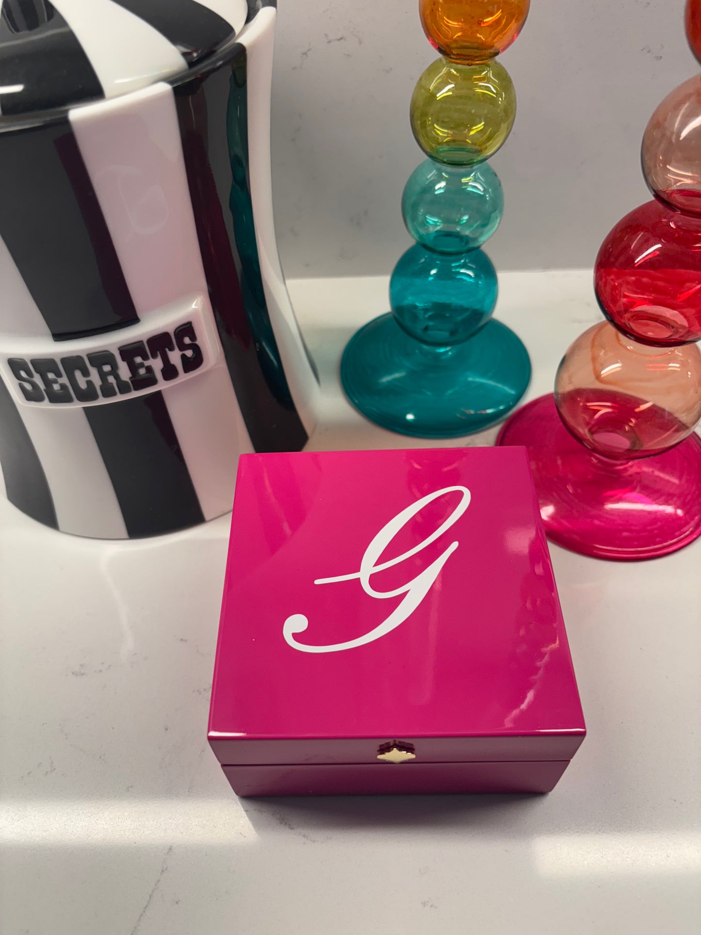 Personalized 4" x 4" bright fuschia keepsake box with monogram or name