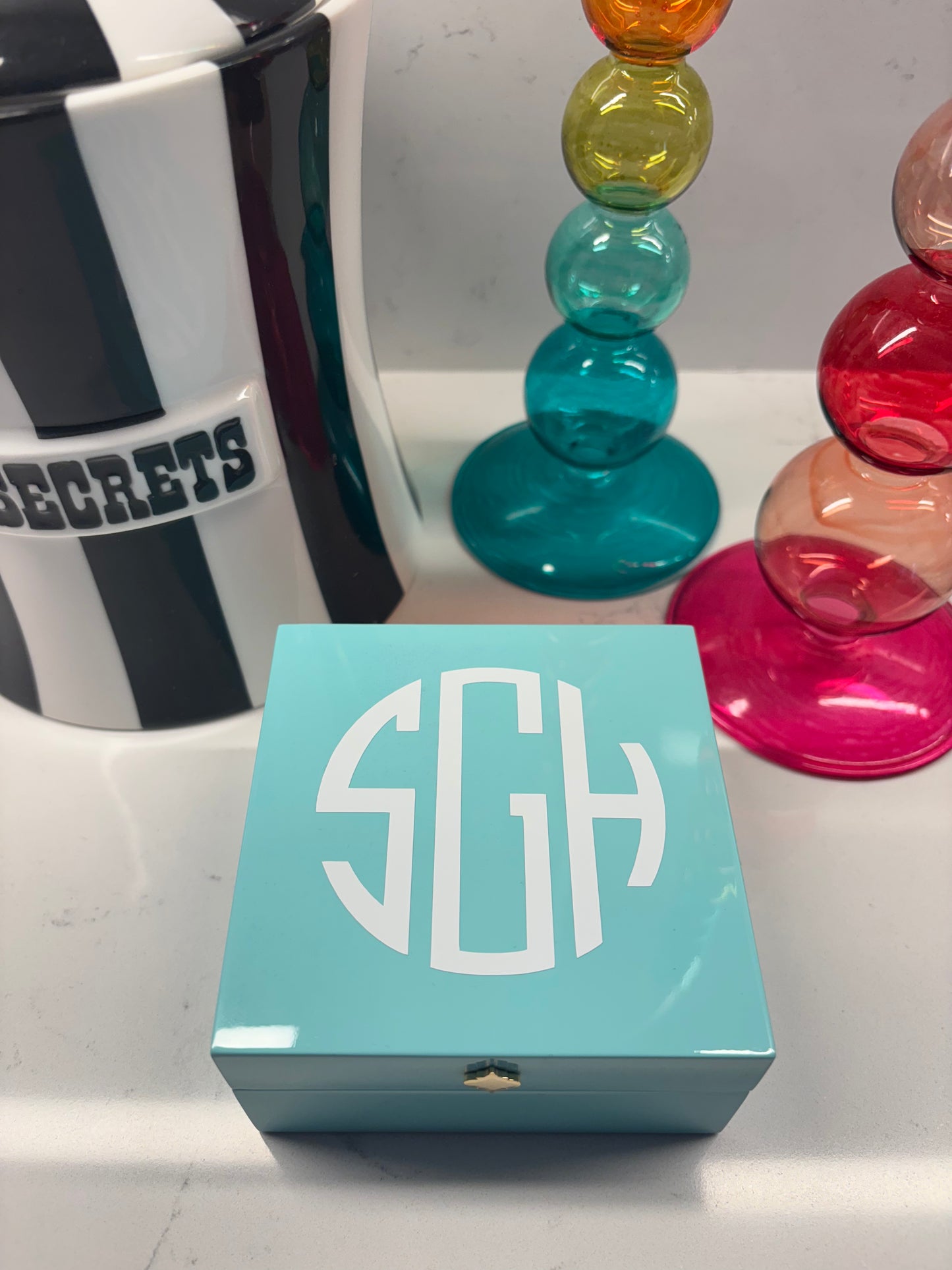 Personalized 4" x 4" bright turquoise keepsake box -modern monogram or name