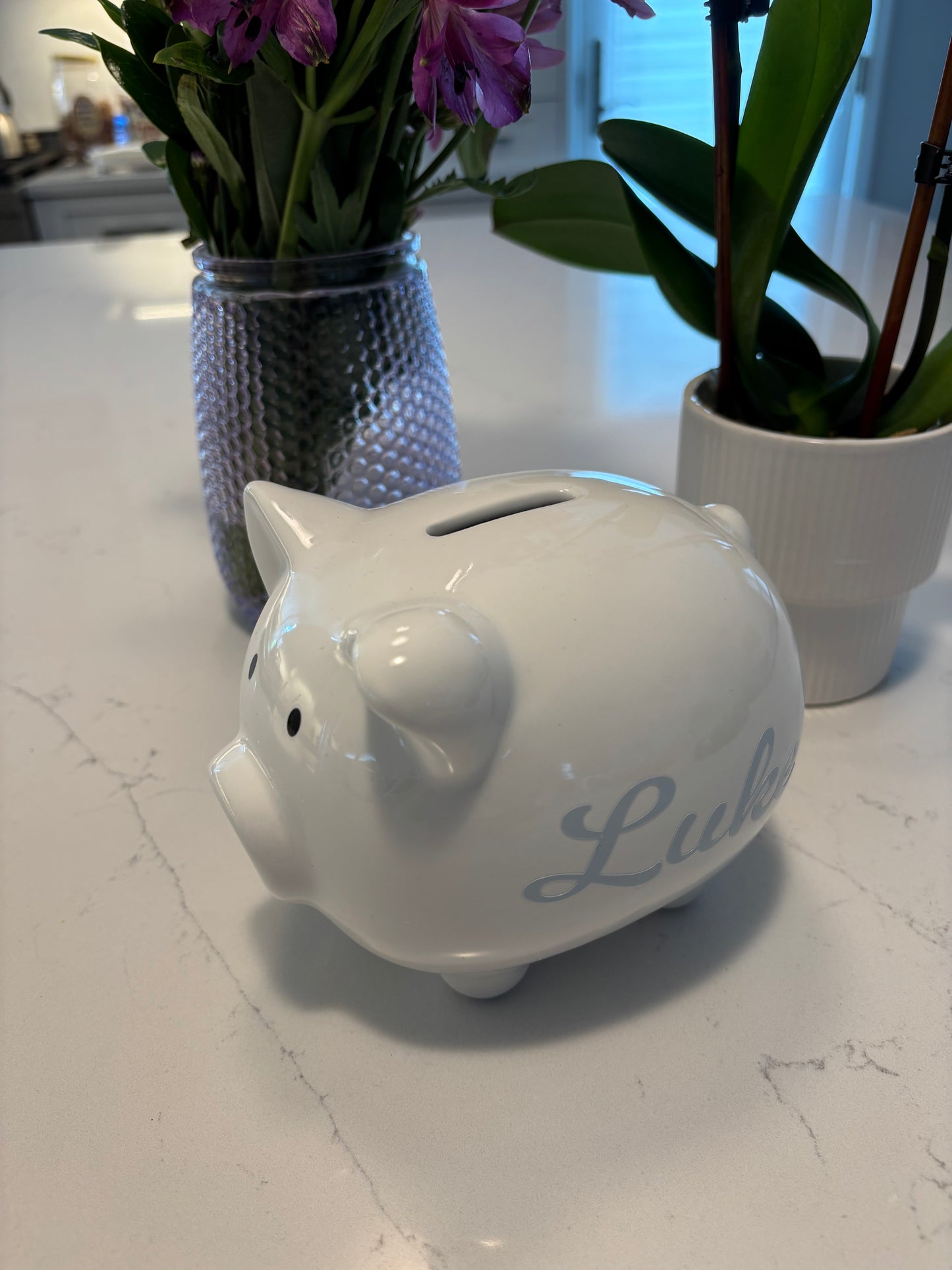 Personalized white ceramic piggy bank 6" x 4.5" x 5"