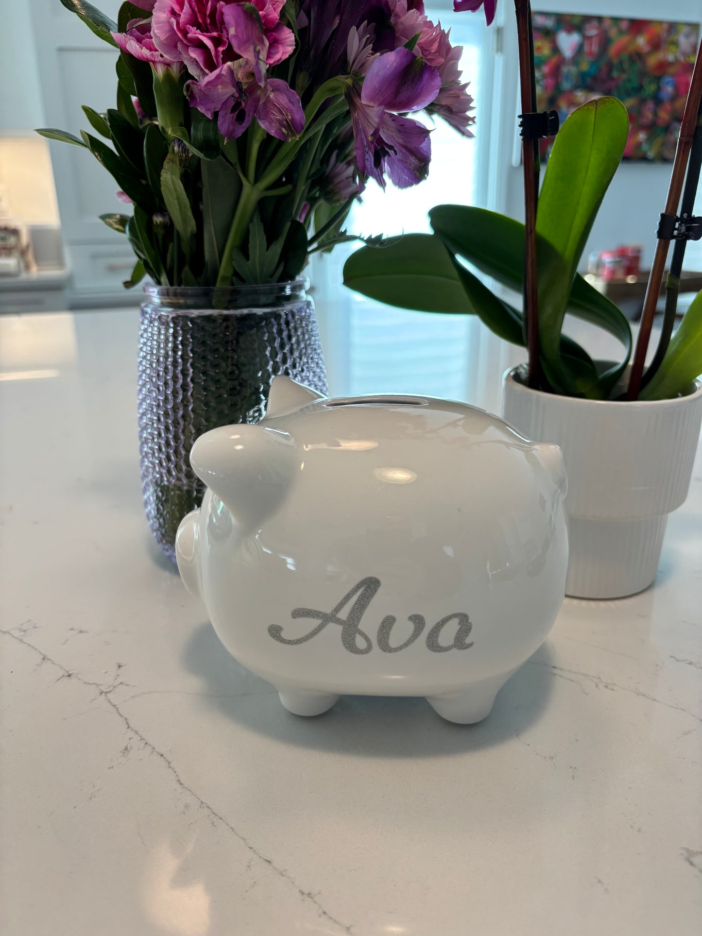 Personalized white ceramic piggy bank 6" x 4.5" x 5"