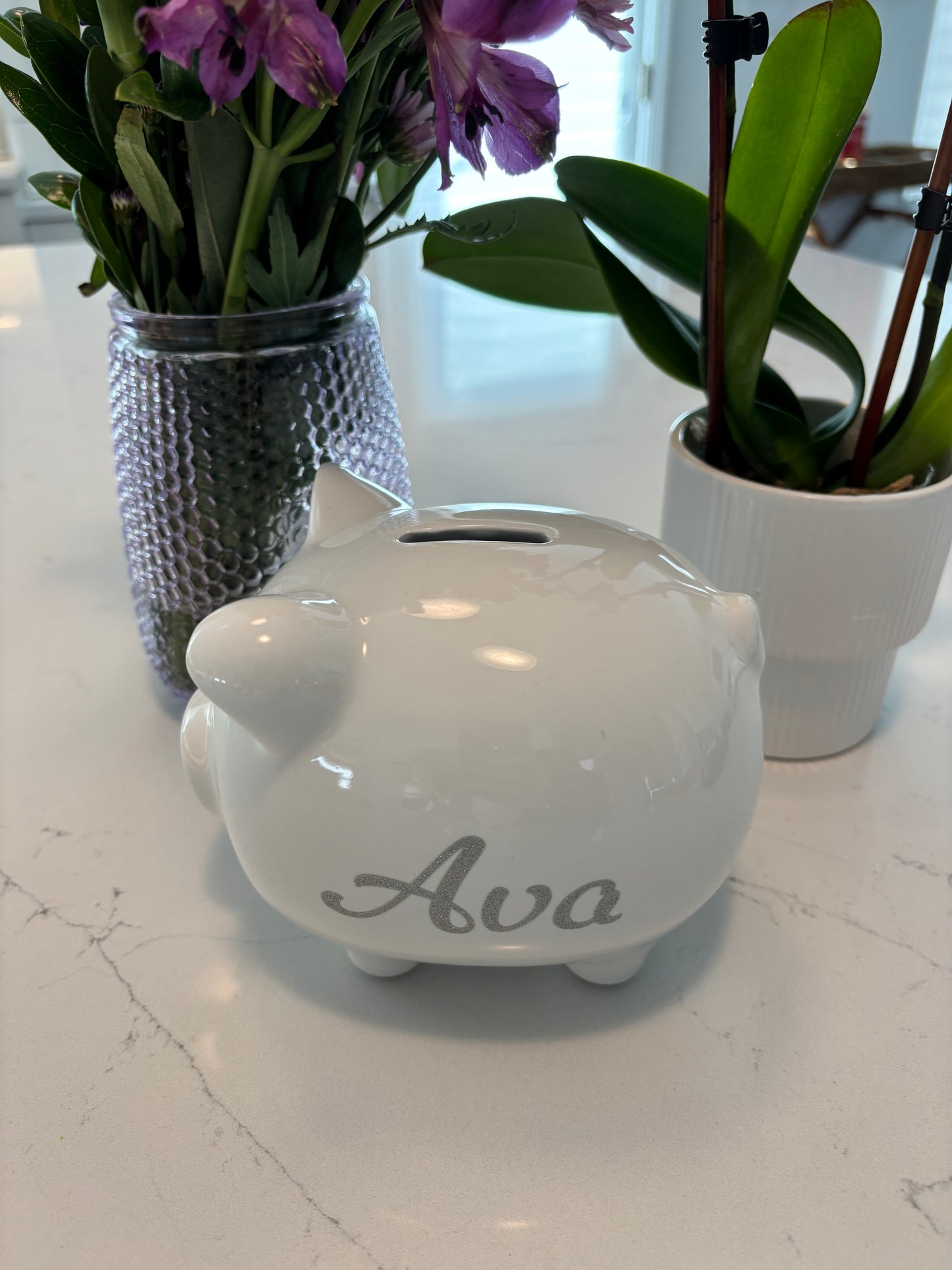 Personalized white ceramic piggy bank 6" x 4.5" x 5"