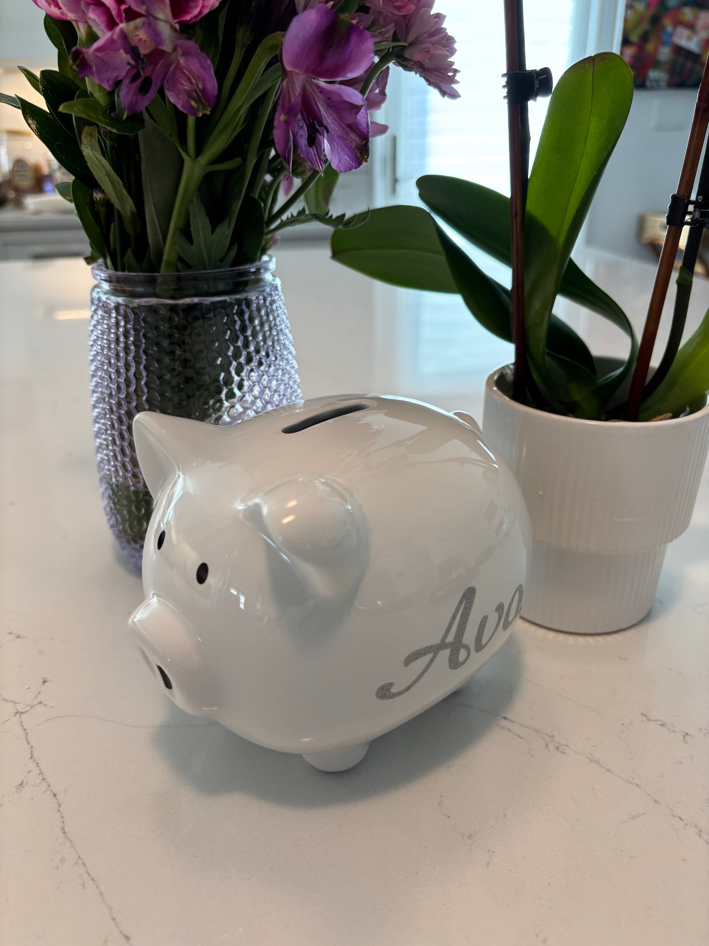 Personalized white ceramic piggy bank 6" x 4.5" x 5"