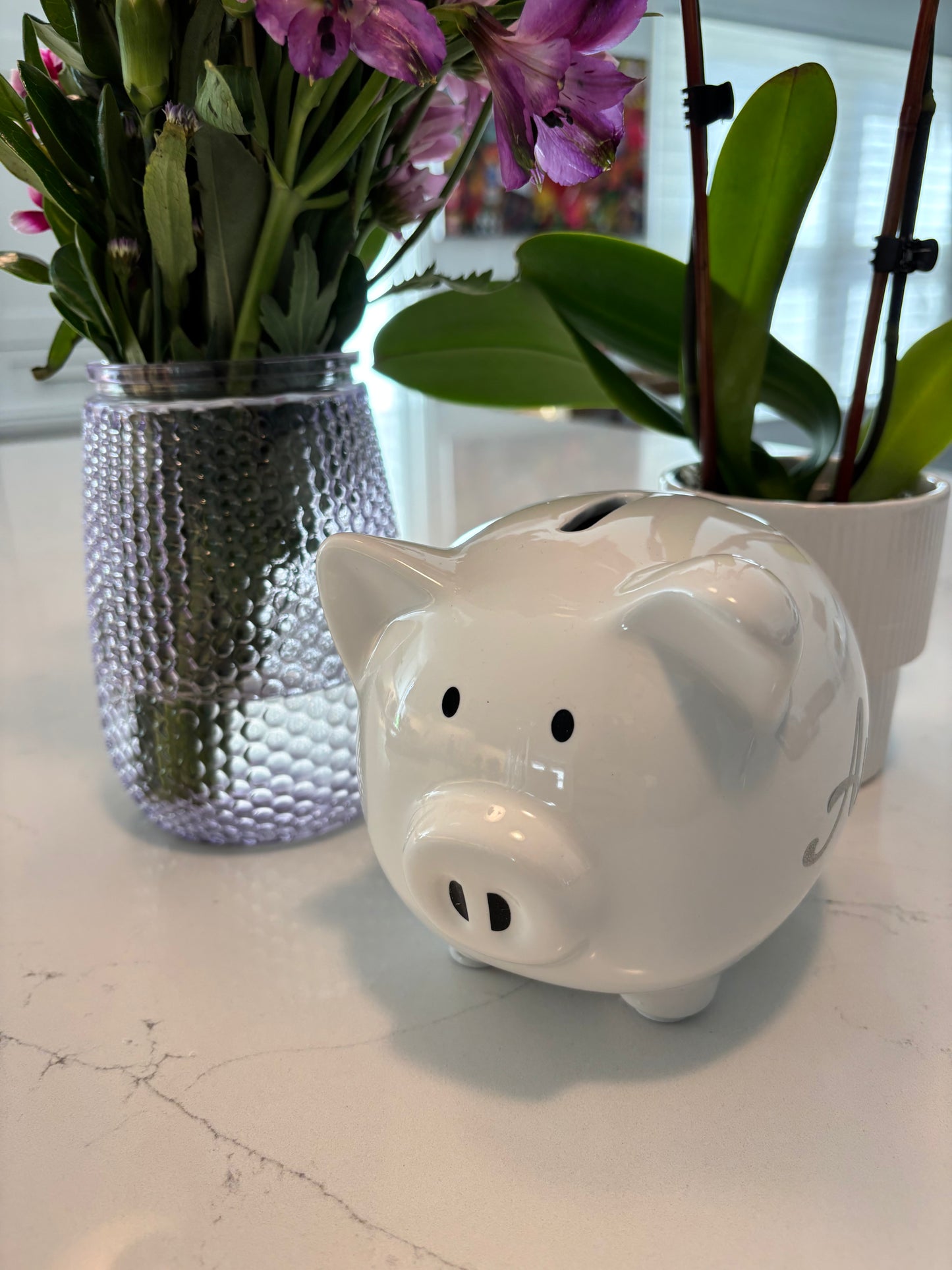 Personalized white ceramic piggy bank 6" x 4.5" x 5"