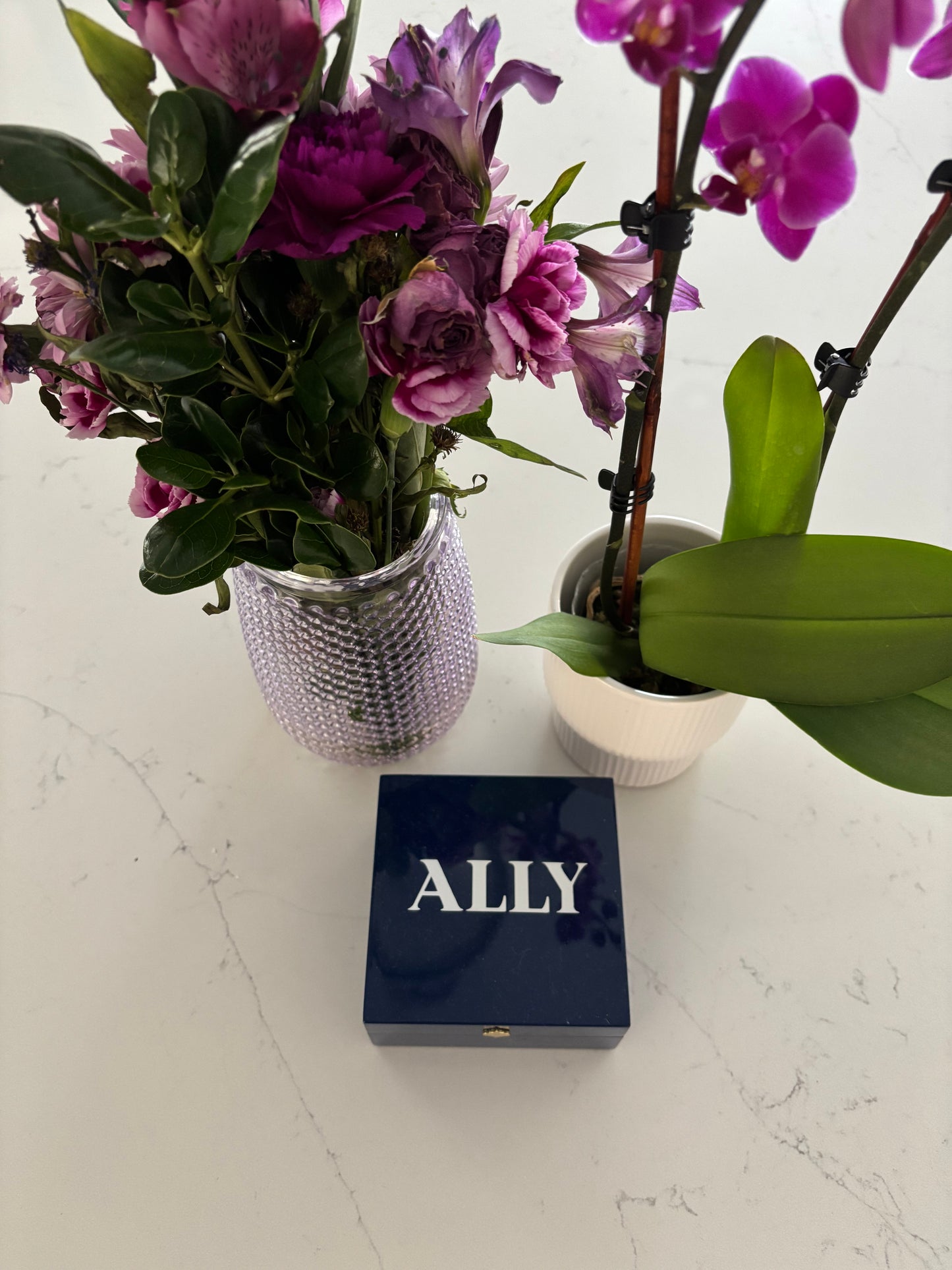 Personalized 4" x 4" bright navy keepsake box with a name or monogram
