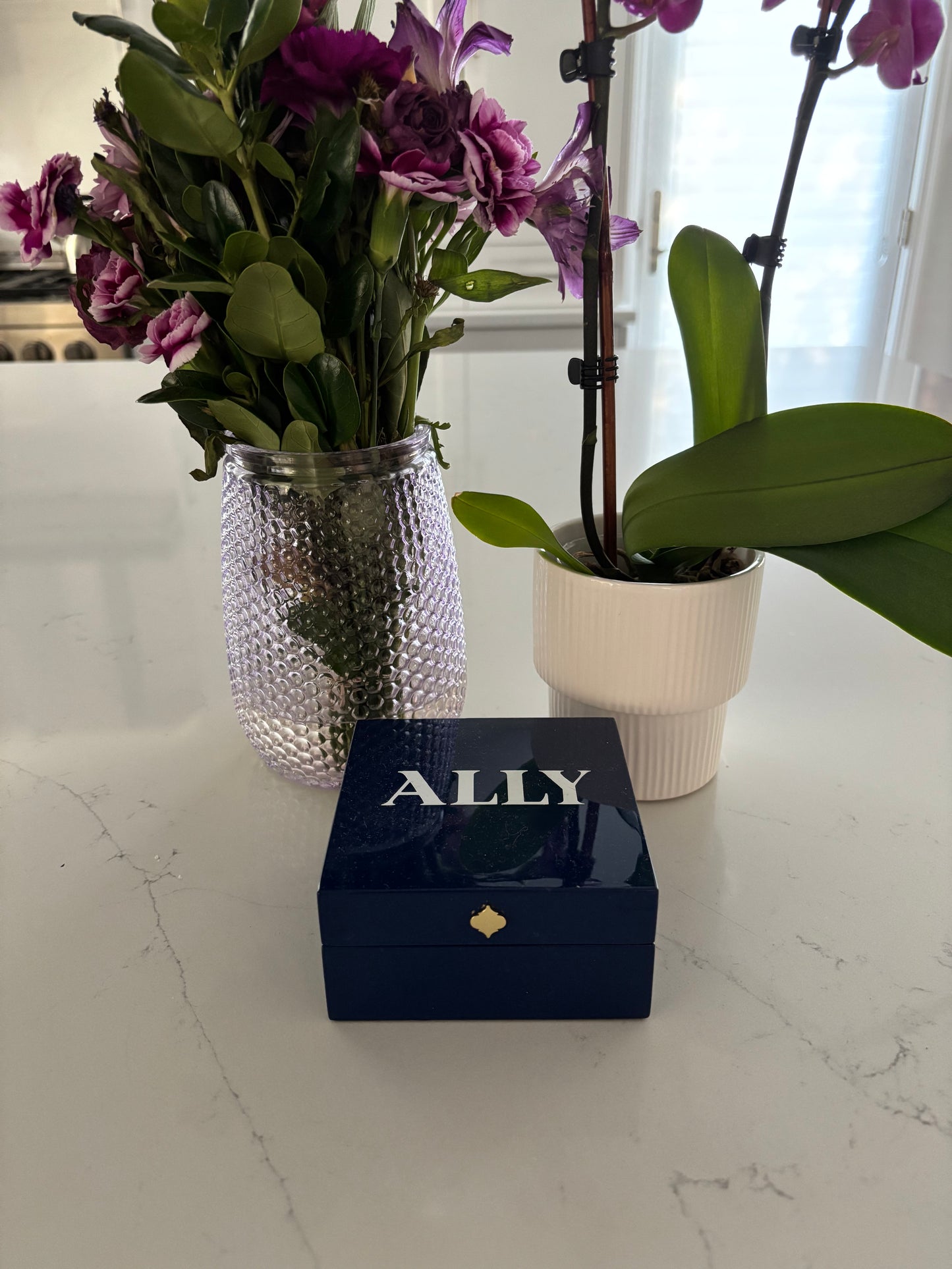 Personalized 4" x 4" bright navy keepsake box with a name or monogram