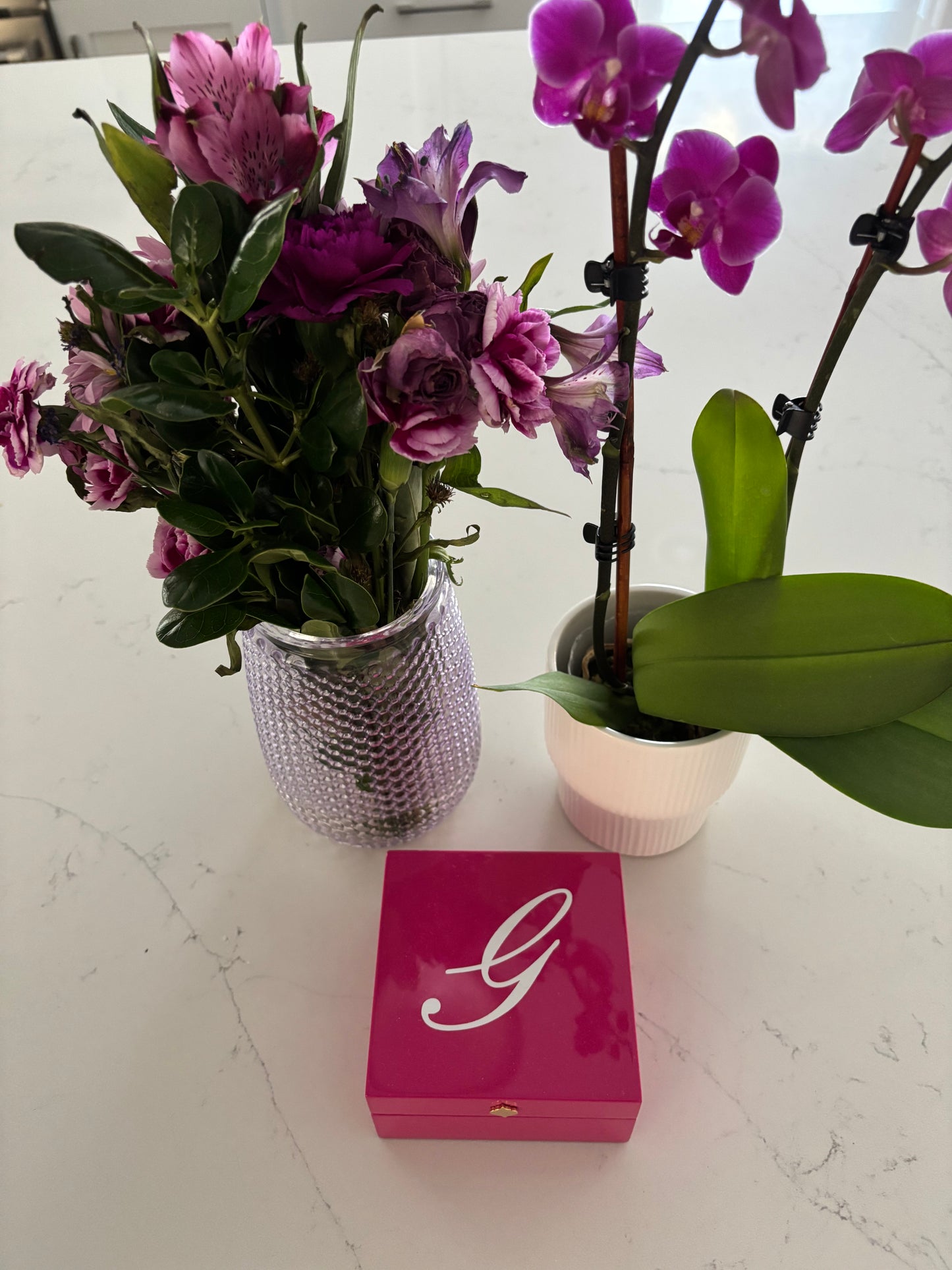 Personalized 4" x 4" bright fuschia keepsake box with monogram or name