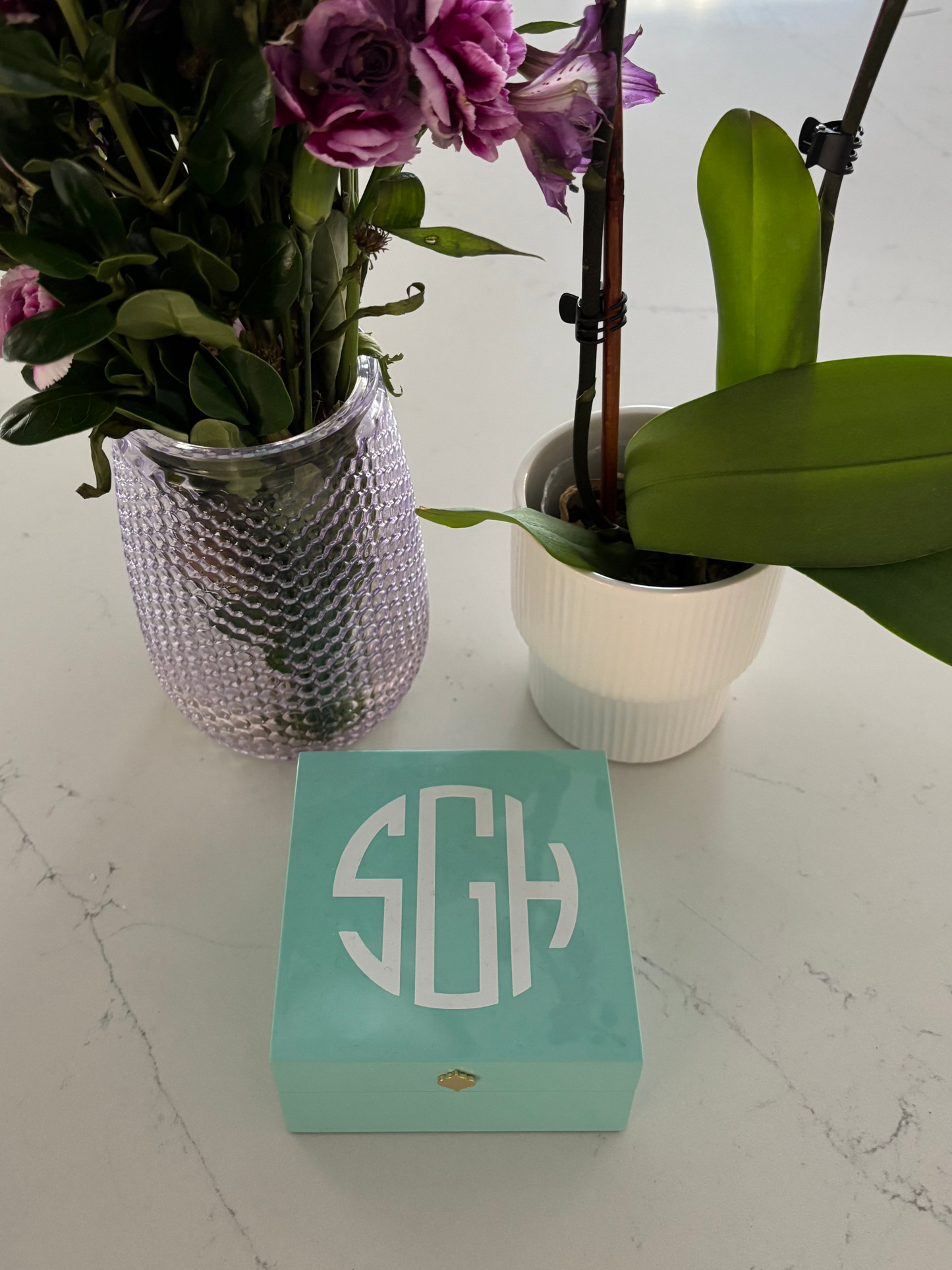 Personalized 4" x 4" bright turquoise keepsake box -modern monogram or name