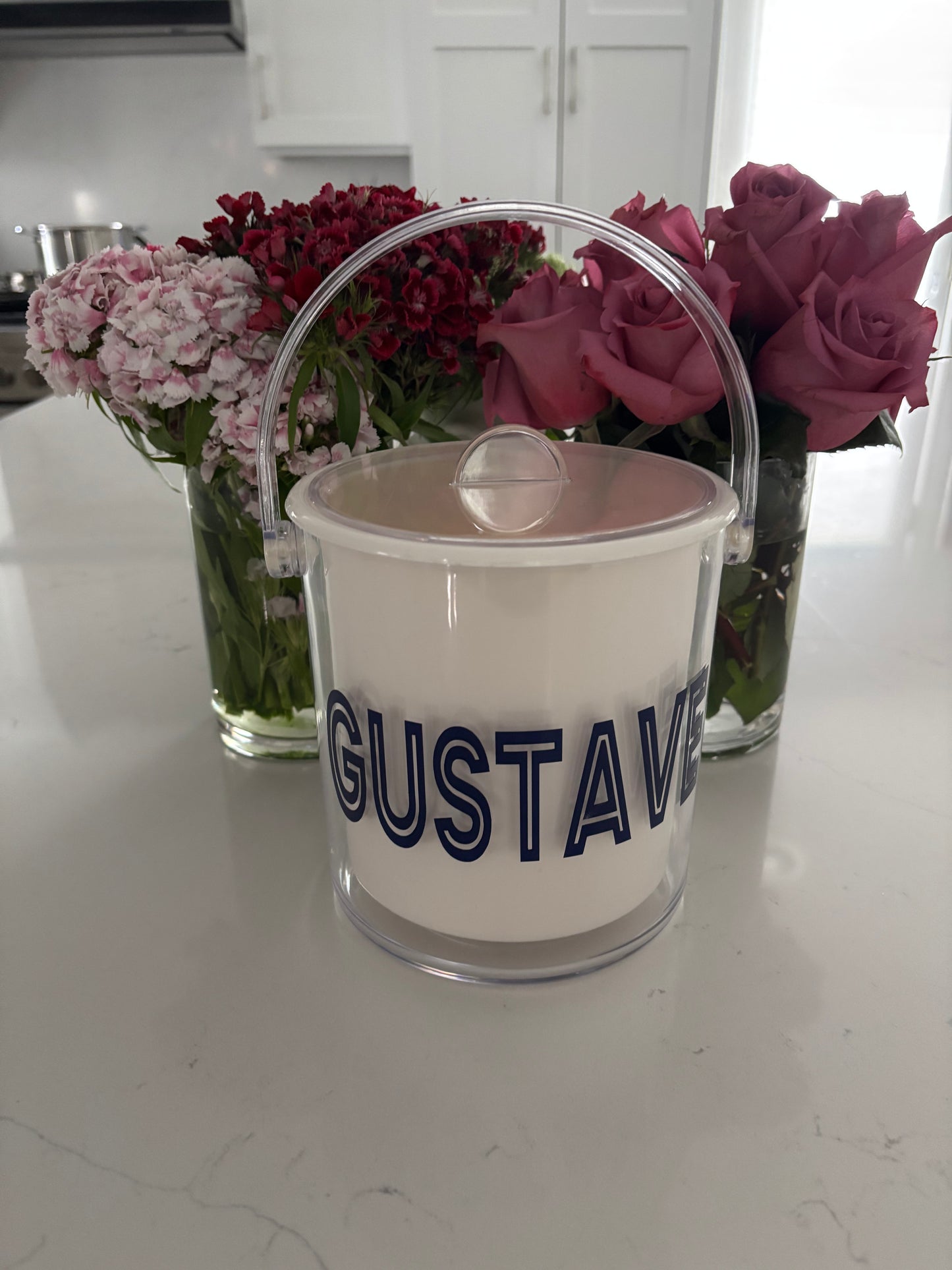 Personalized white acrylic 1 1/2 qt double wall ice bucket - last name