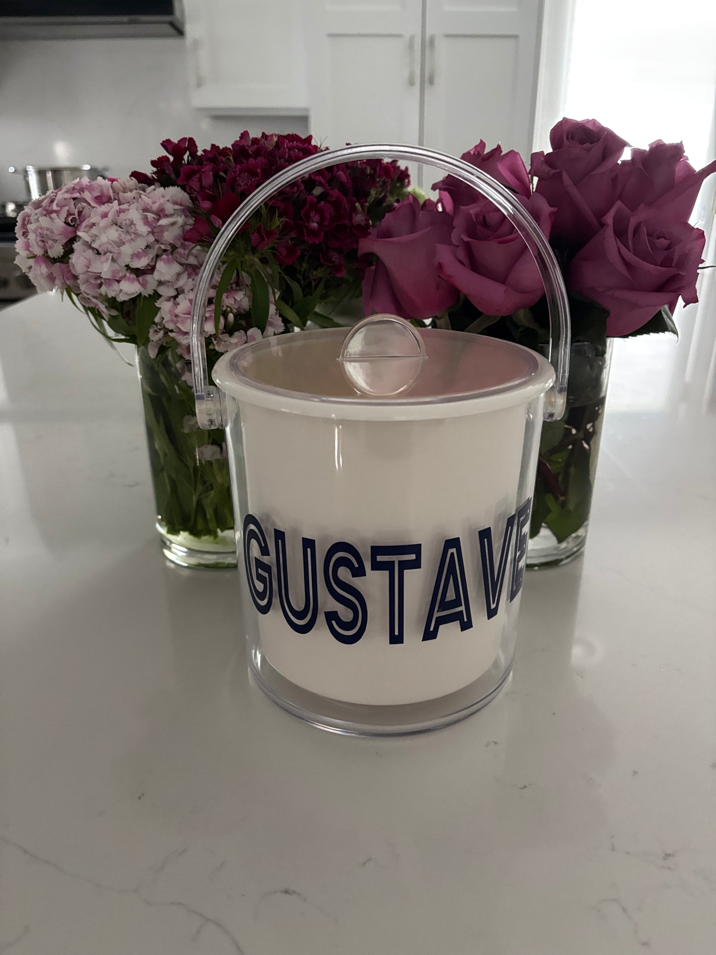 Personalized white acrylic 1 1/2 qt double wall ice bucket - last name