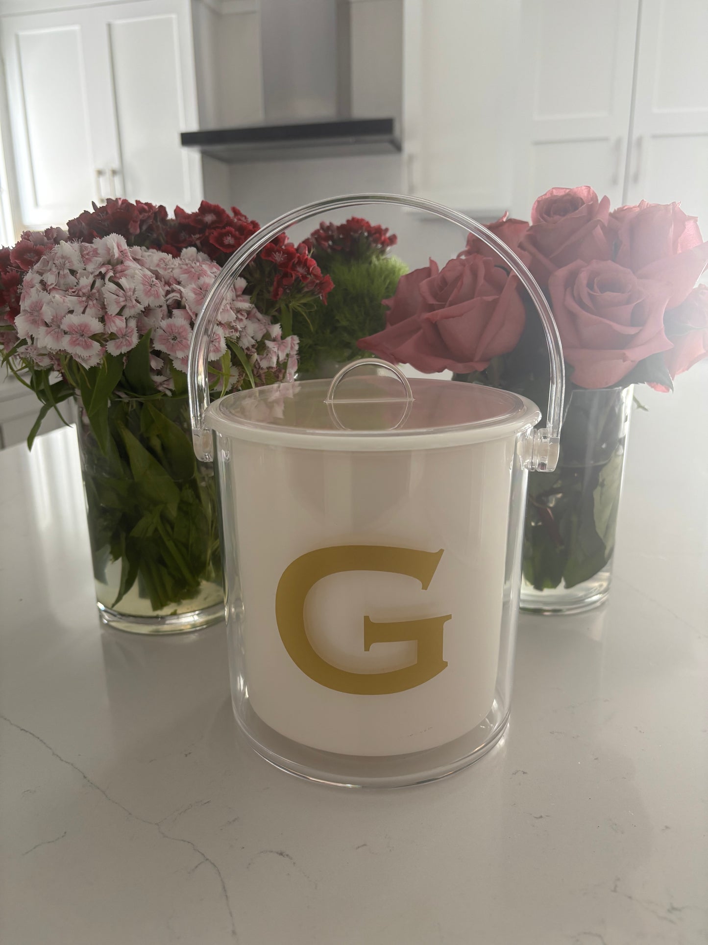 Personalized white acrylic 1 1/2 qt double wall ice bucket - one letter monogram