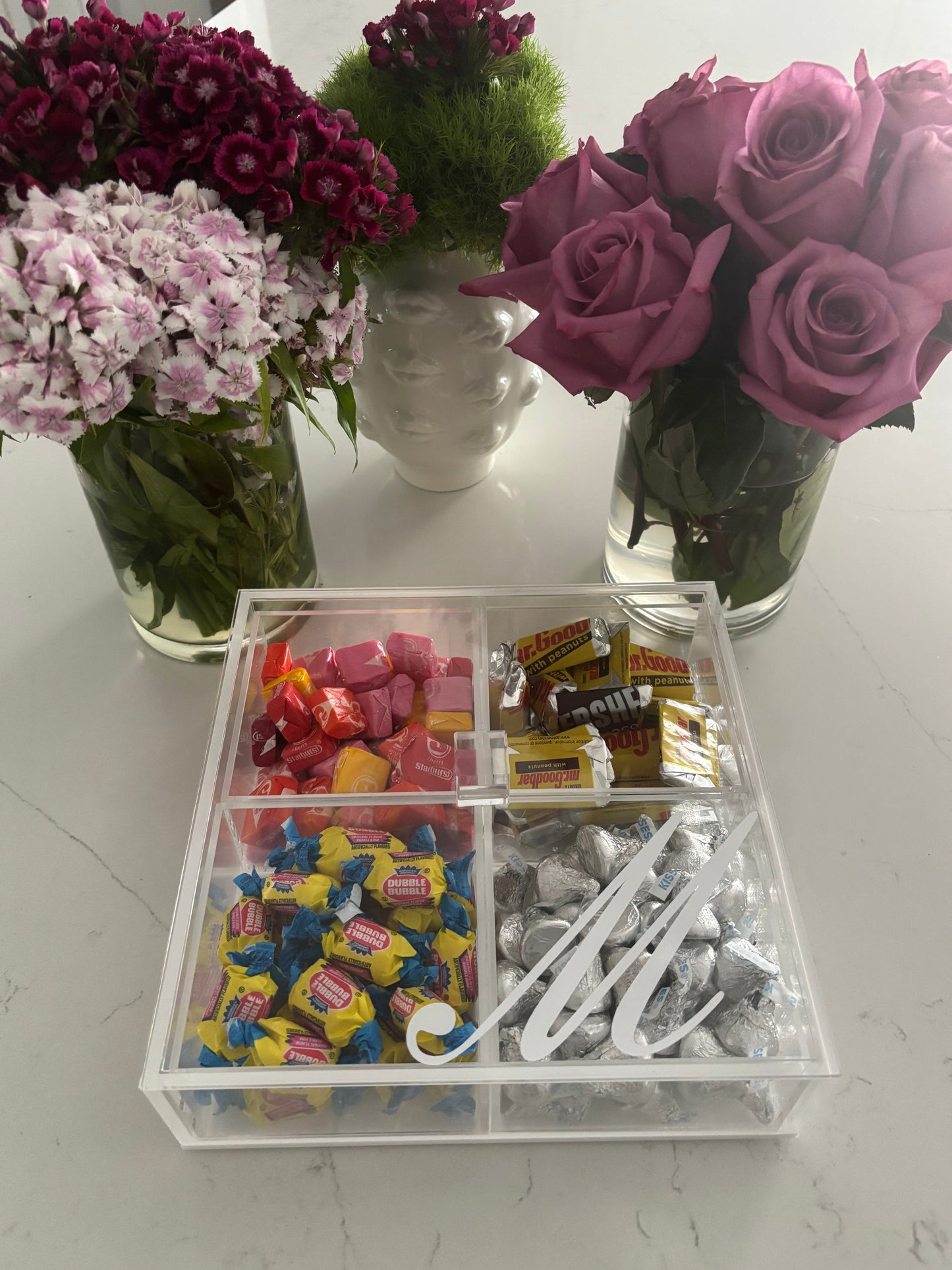 Personalized 4 section clear acrylic serving tray, sold with the candy , sections are removable