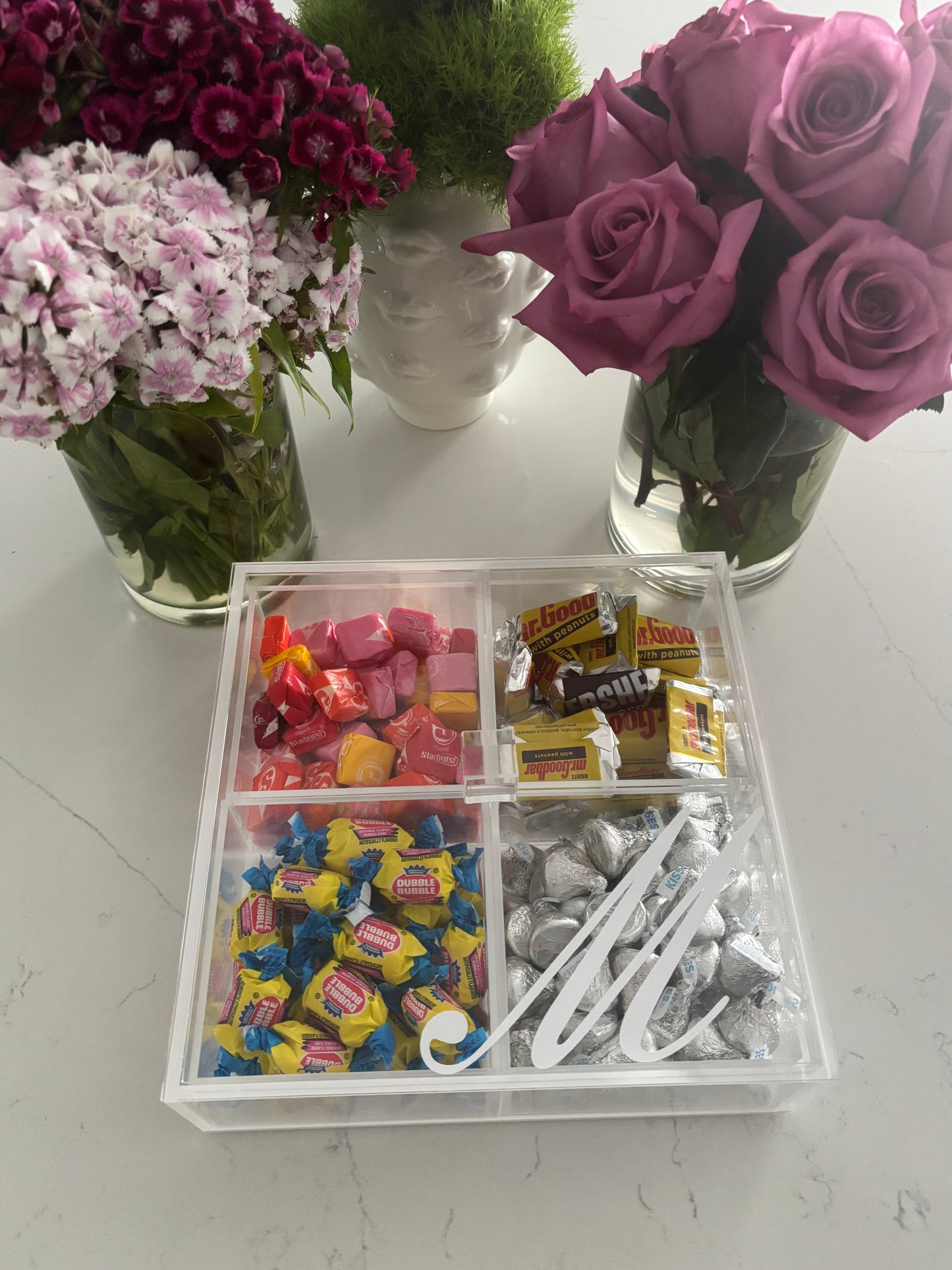 Personalized 4 section clear acrylic serving tray, sold with the candy , sections are removable