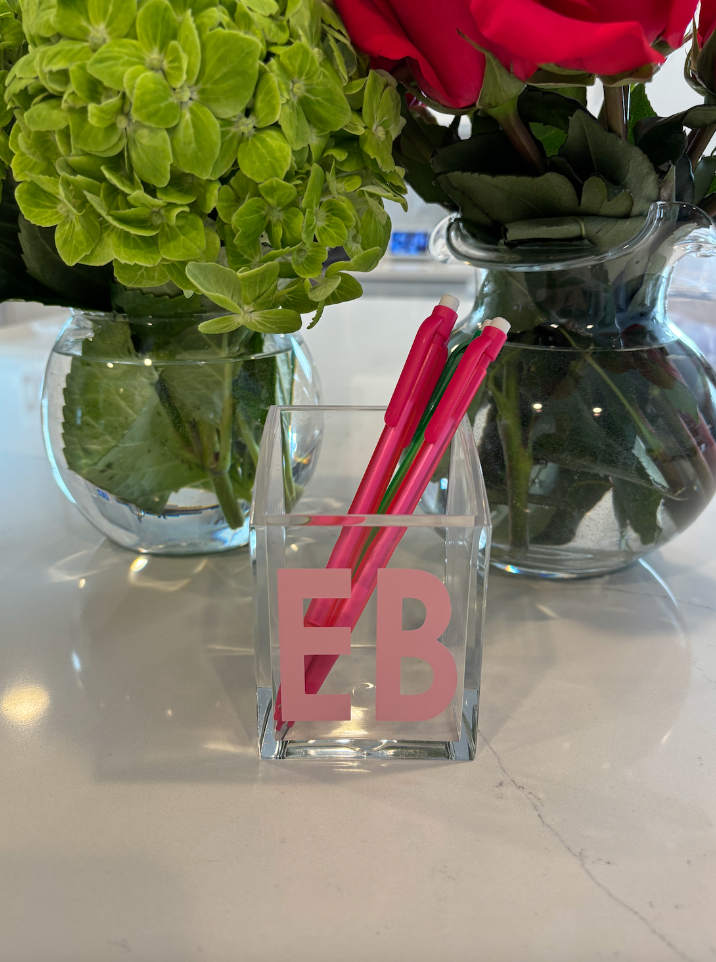 Personalized 2" x 3" acrylic pencil holder - 2 letter monogram