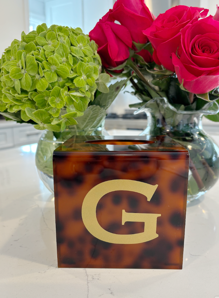 Personalized 5" x 5" tortoise acrylic tissue box cover with monogram