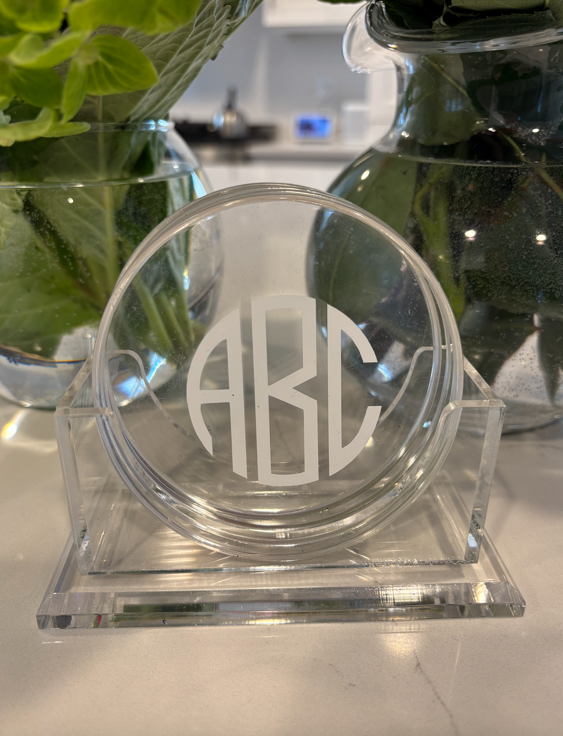 Personalized 4" clear acrylic round 1 letter monogram coasters - set of 4