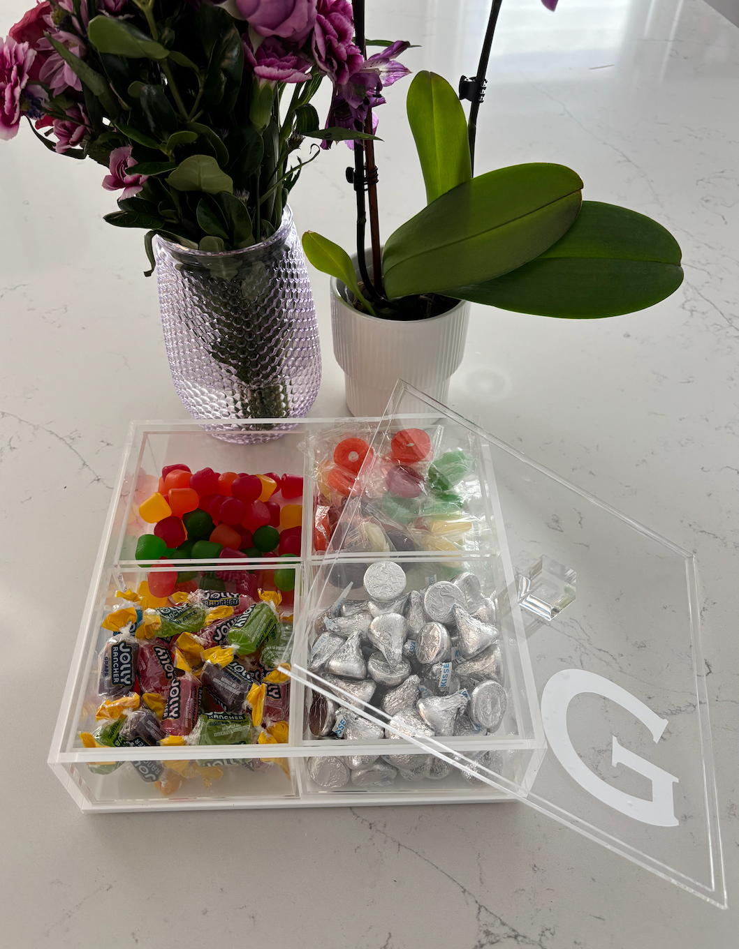 Personalized 4 section clear acrylic serving tray , sections are removable (sold without the candy)